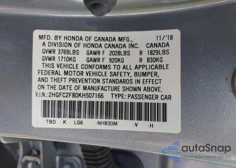 2019 Honda Civic Sport from USA, damaged, VIN 2HGFC2F80KH507166